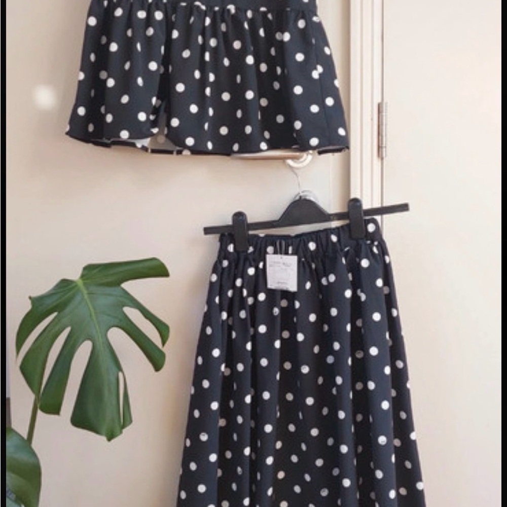 bebe navy A-Line Skirt with peplum top button down White Polka Dots